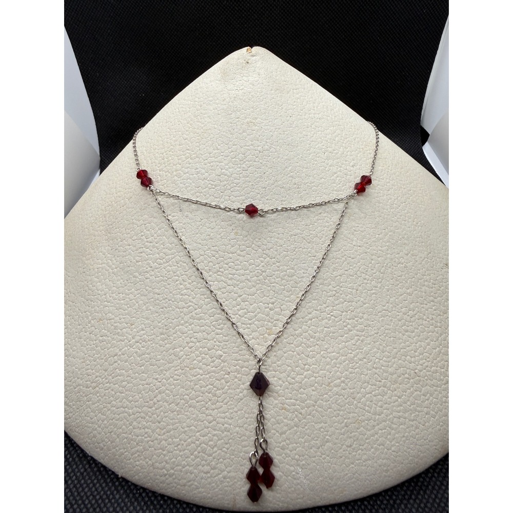 Robert Rose Silver Tone Layered Y-Necklace Red Faceted Crystal Beads